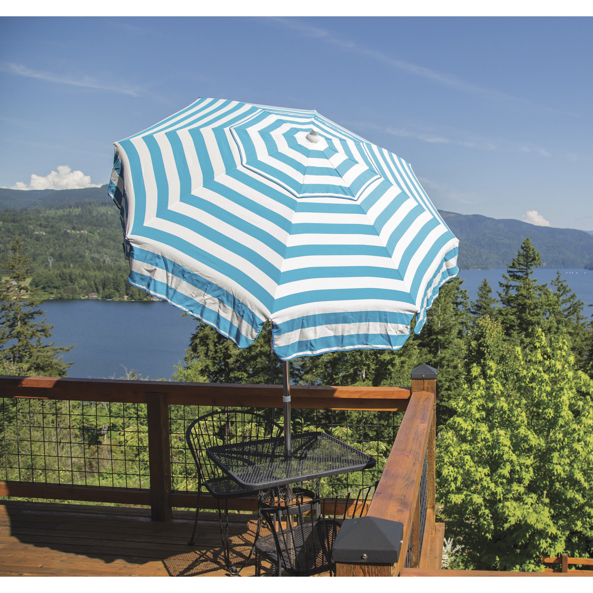 DestinationGear Italian Umbrella, Turquoise/White Stripes, 6ft. Diameter x 94in.H, Model# 1387